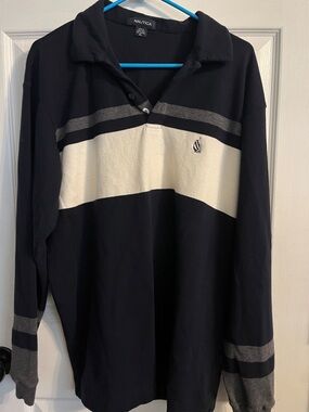 Nautica Navy, White & Gray Long-Sleeve Rugby Polo